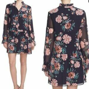 Cynthia Steffe Georgette Floral Drop‎ Waist Mini Dress 6 Navy Blue Flowy